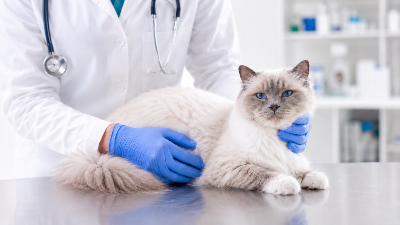 Weterynarz badający kota ragdoll w gabinecie na Psim Polu we Wrocławiu